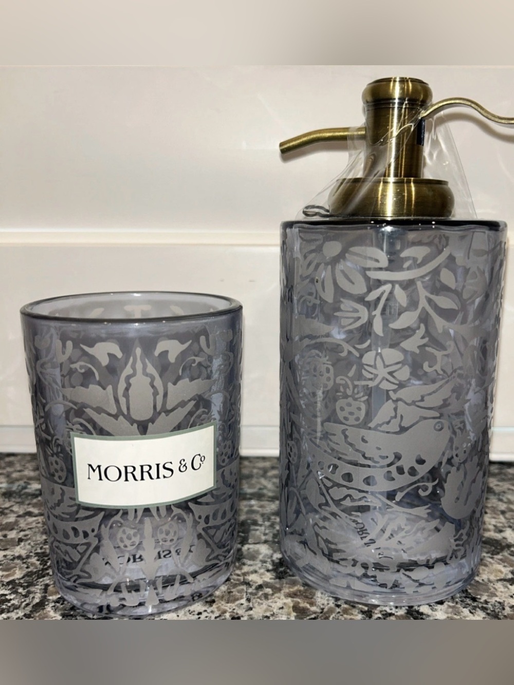 Morris & Co Strawberry Thief Tumbler And Soap Pump Etched Blue